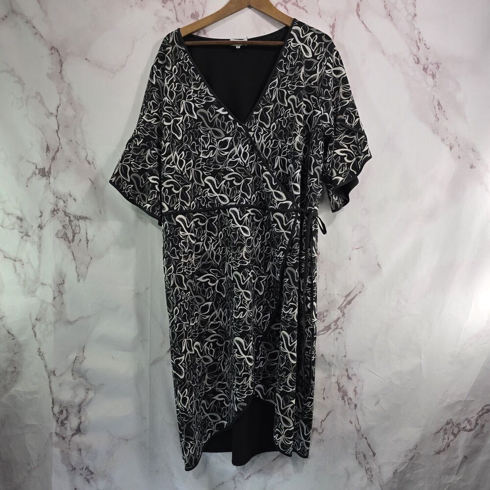 Leota Dress Womens 2x Black White Gray Wrap Stretch Bell Sleeve V Neck Stretchy
